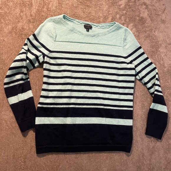 Talbots Shirt Womens L Petite Sweater Merino Wool Mint Blue Horizontal Preppy - Picture 1 of 6